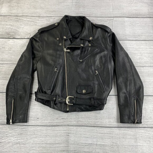 ROUNDTREE & YORKE Black Leather Biker Motorcycle Jacket Men Size XL Multipocket